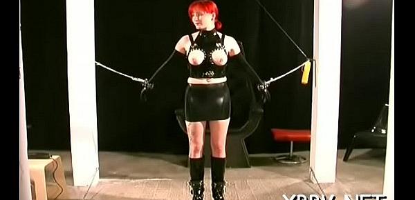  Naked wife stands tied up and endures heavy breast thraldom